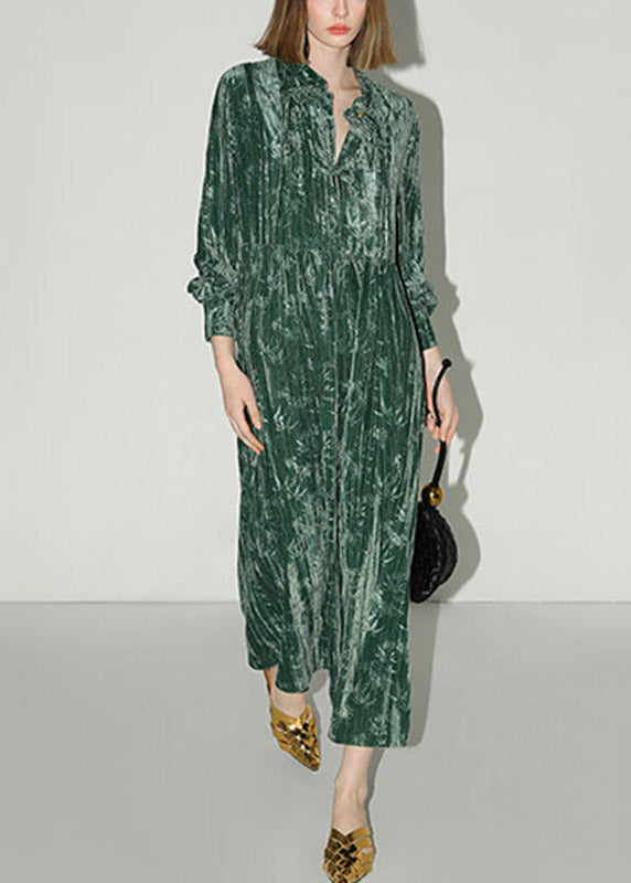 Velvet V-Neck Button Placket Mandarin Collar Maxi Dress - View 4