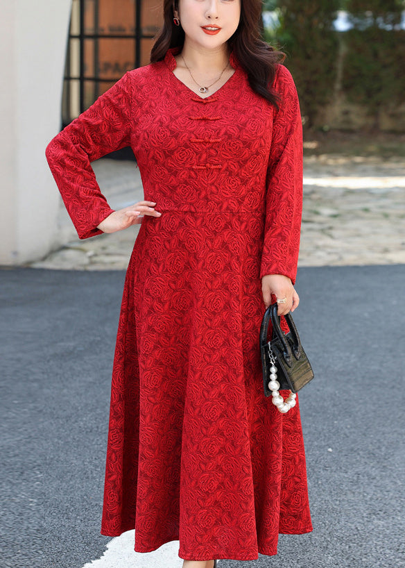 Rose Floral Jacquard Mandarin Collar V-Neck A-Line Maxi Dress