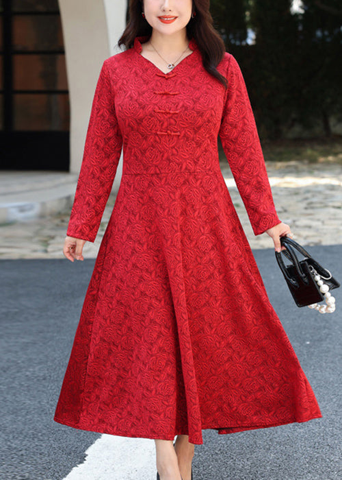 Rose Floral Jacquard Mandarin Collar V-Neck A-Line Maxi Dress - View 2
