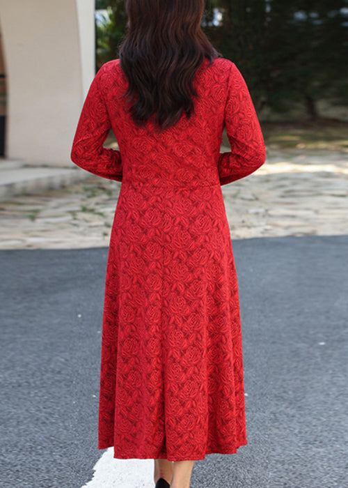 Rose Floral Jacquard Mandarin Collar V-Neck A-Line Maxi Dress - View 5