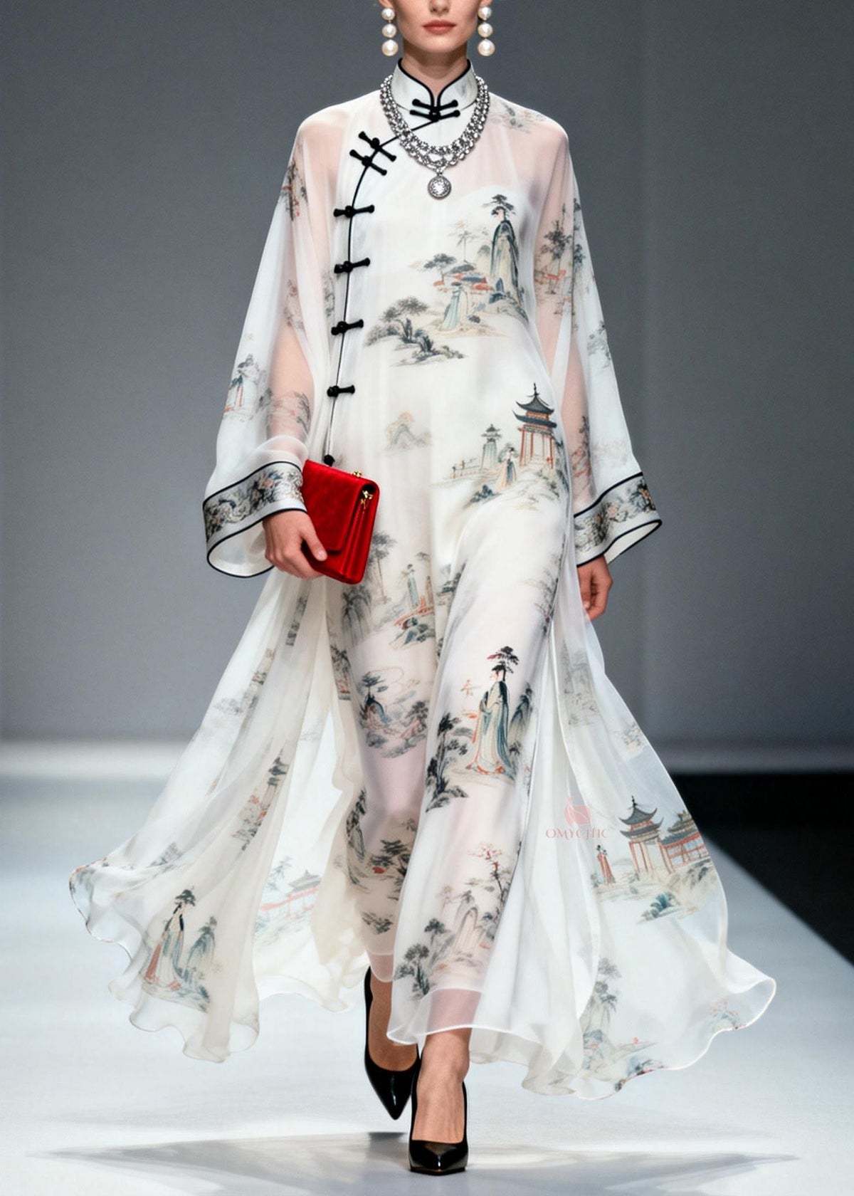 Mandarin Collar Frog Button Landscape Print Bell Sleeve Maxi Gown