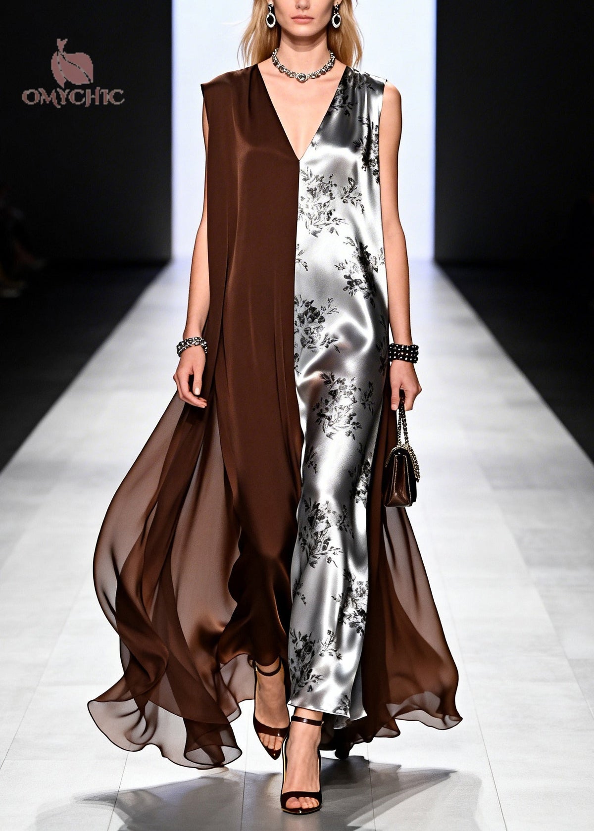 Floral Print Satin Deep V-Neck Sleeveless Split Panel Maxi Gown - View 3