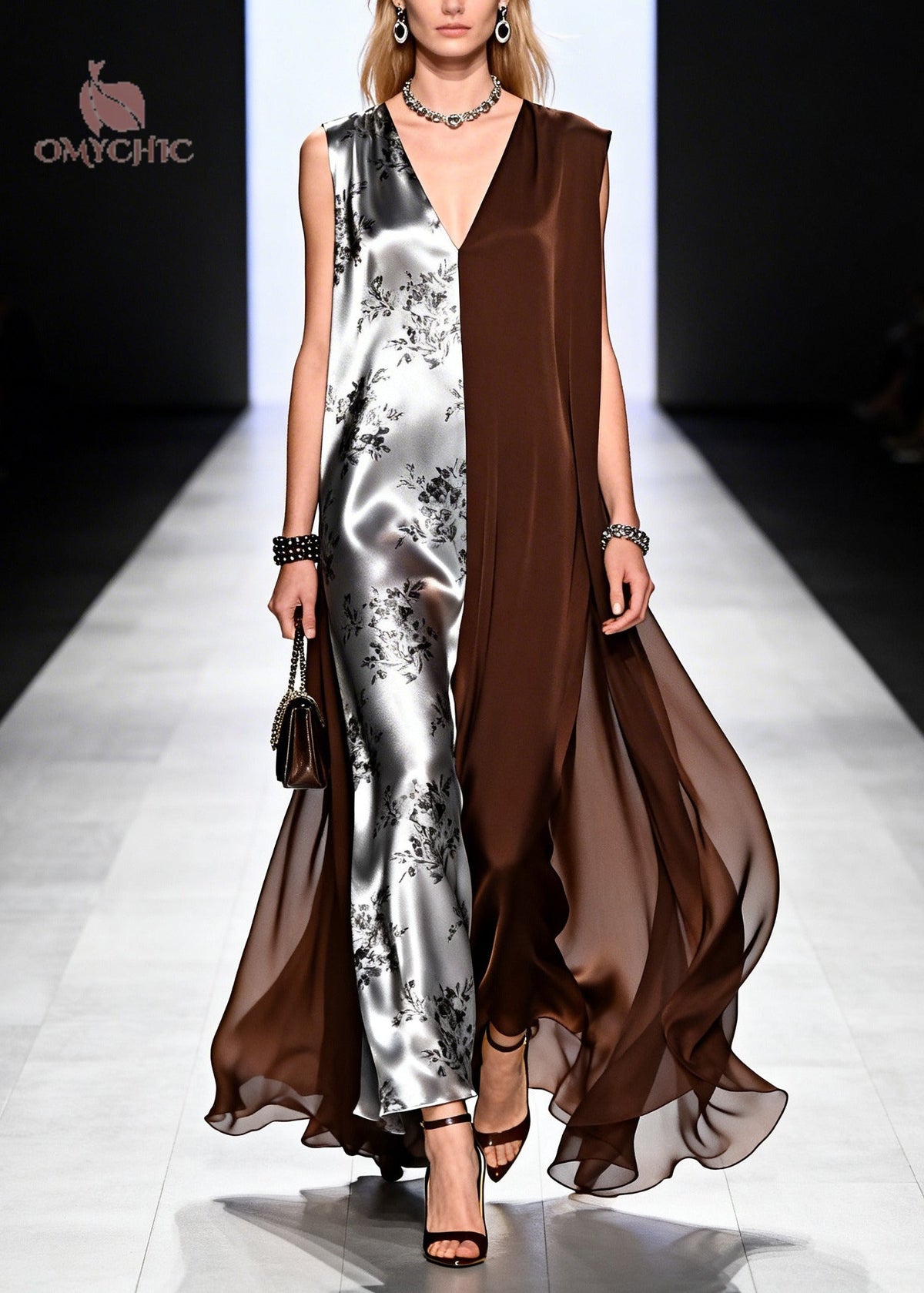 Floral Print Satin Deep V-Neck Sleeveless Split Panel Maxi Gown - View 5