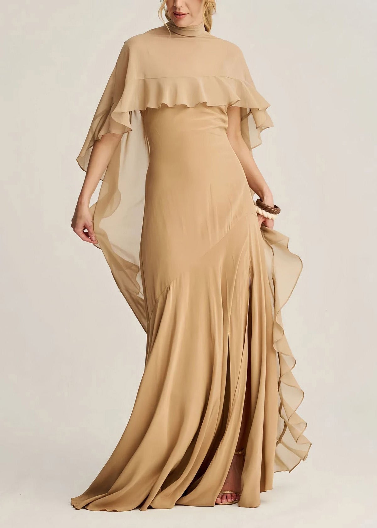Classy Apricot High Neck Ruffled Chiffon Long Dresses Summer