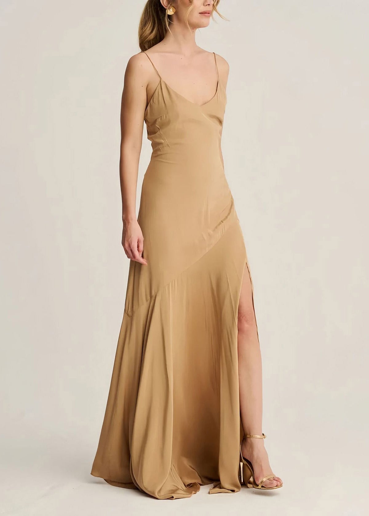 Classy Apricot High Neck Ruffled Chiffon Long Dresses Summer - View 3