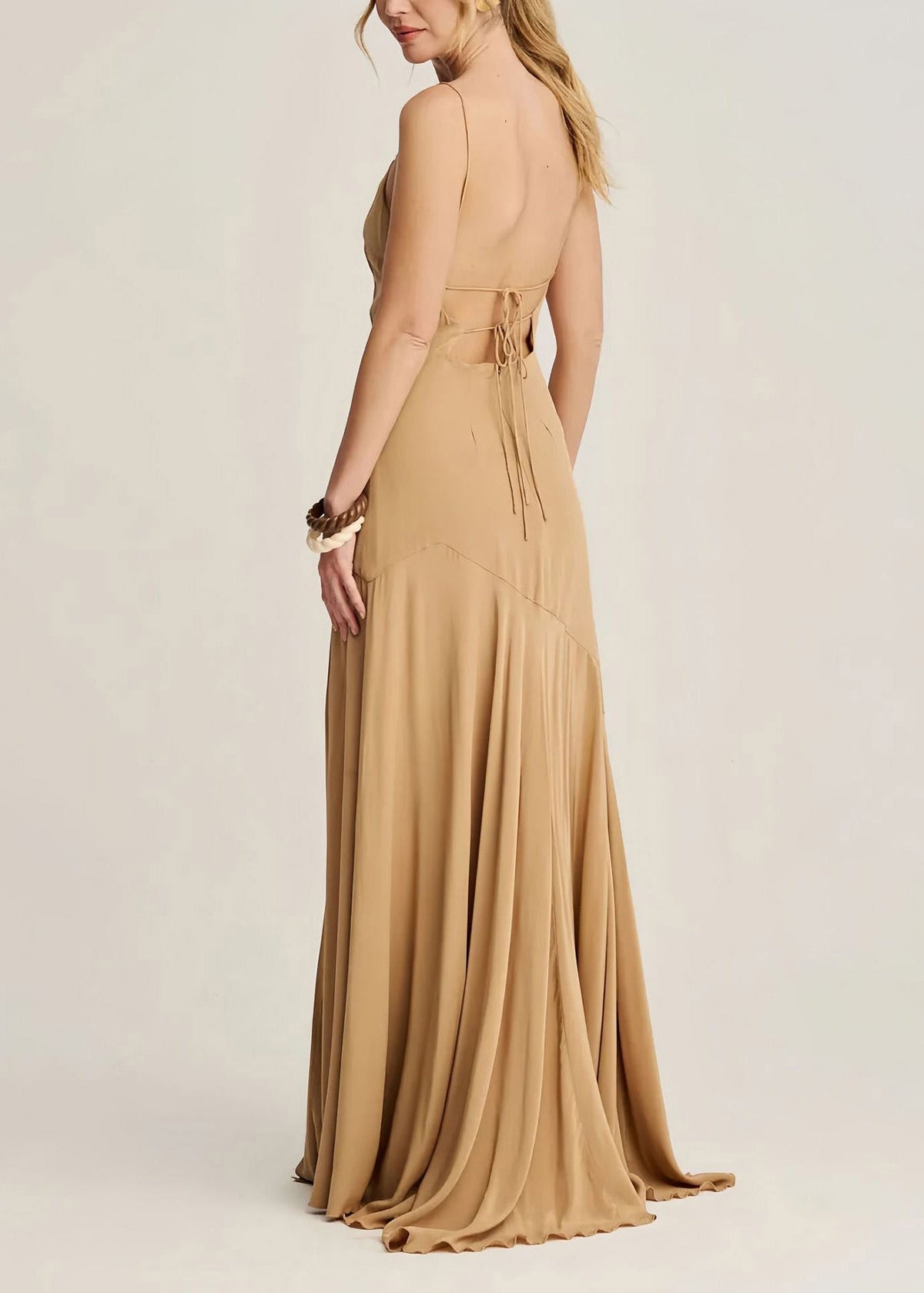 Classy Apricot High Neck Ruffled Chiffon Long Dresses Summer - View 4