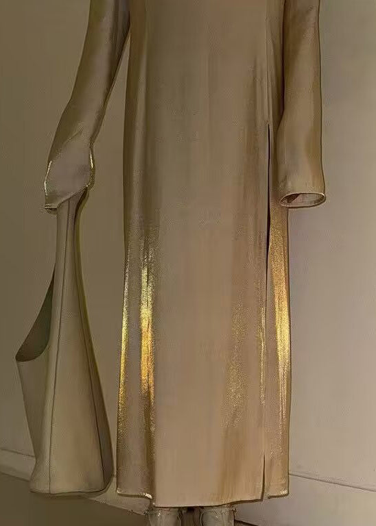 Metallic Satin Deep V-Neck Padded Shoulder Long Sleeve Maxi Gown - View 3