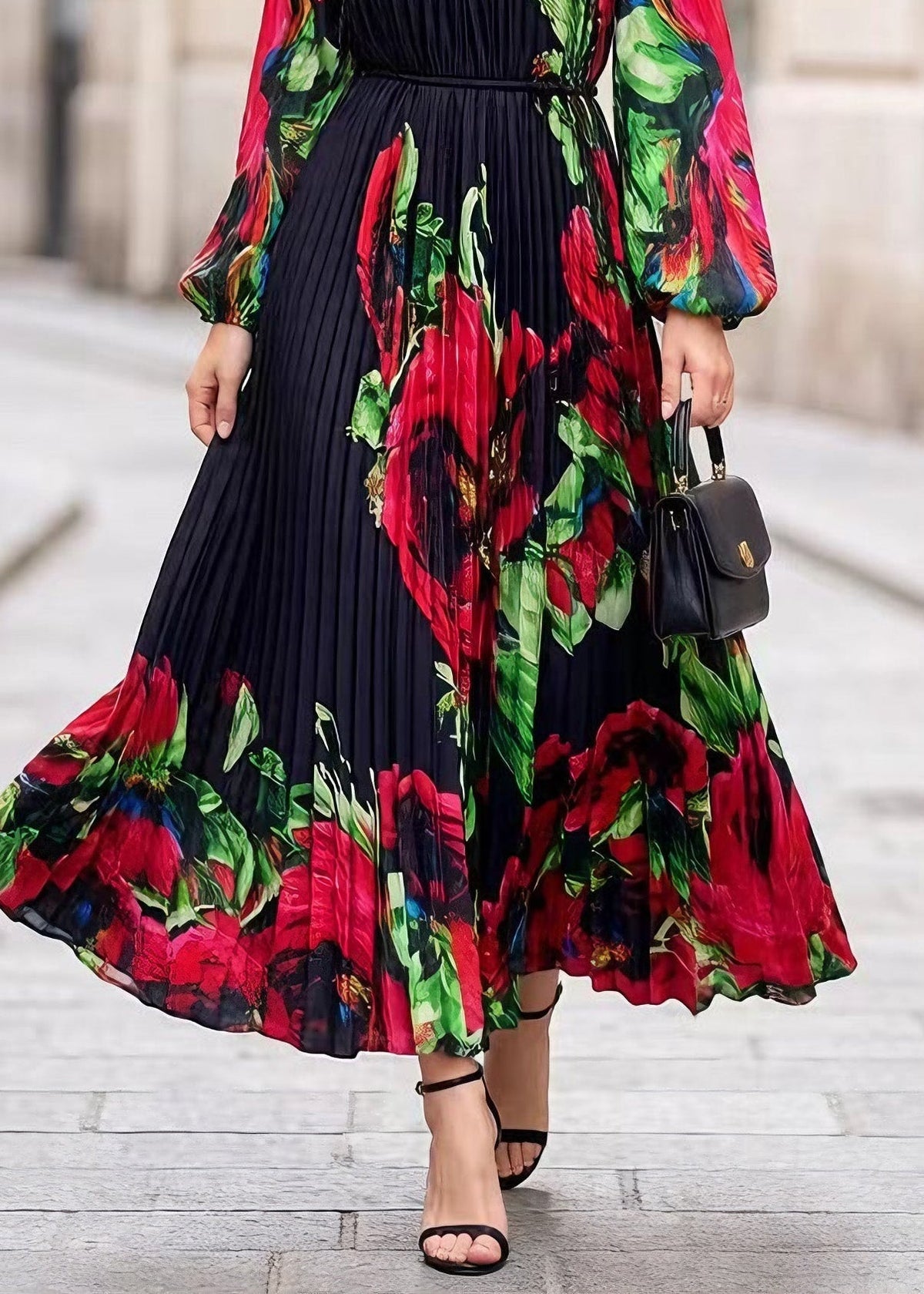 Floral Print Accordion Pleat Mock Neck Keyhole Maxi Dress - View 4