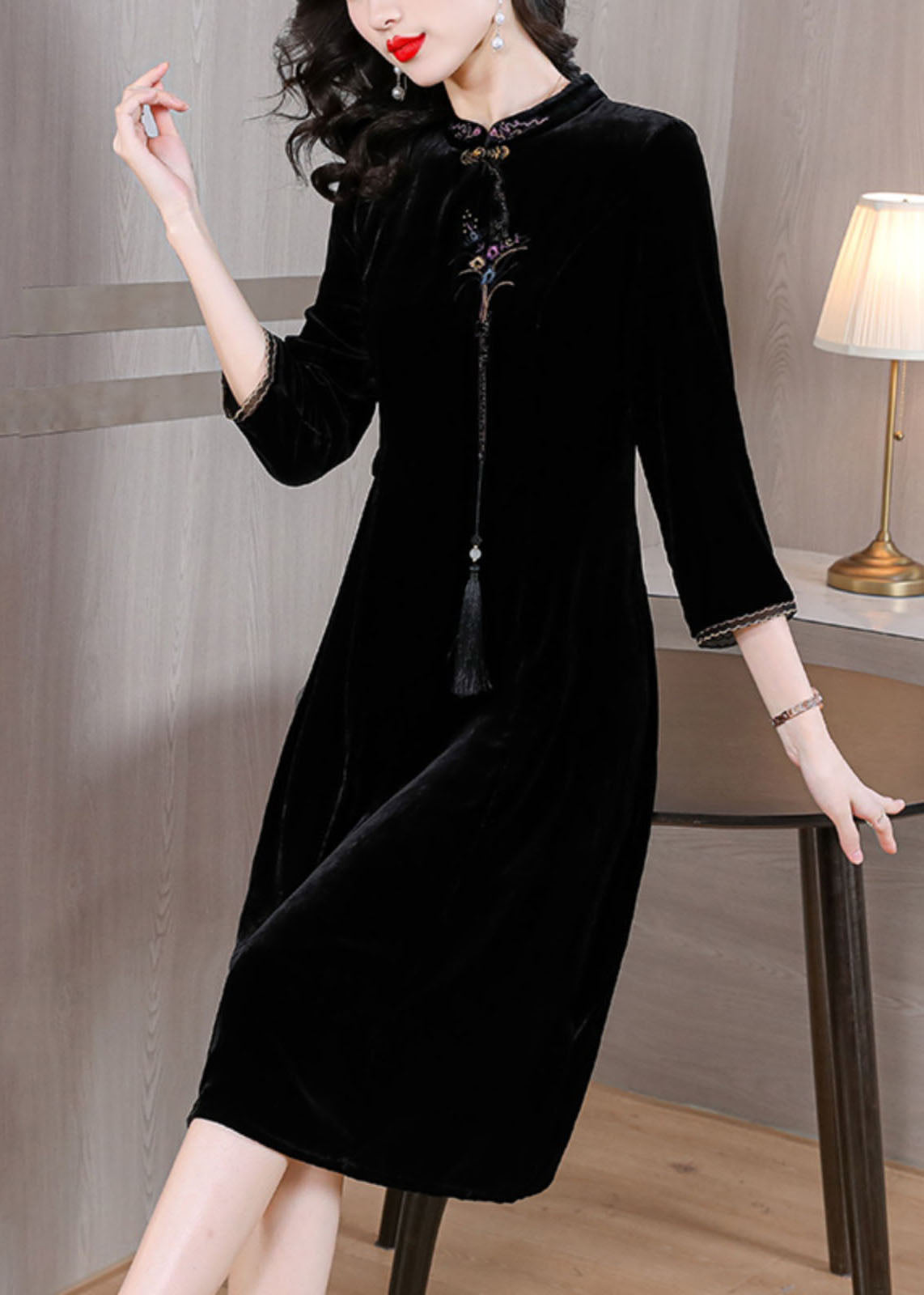 Classy Black Stand Collar Embroideried Floral Silk Maxi Dress