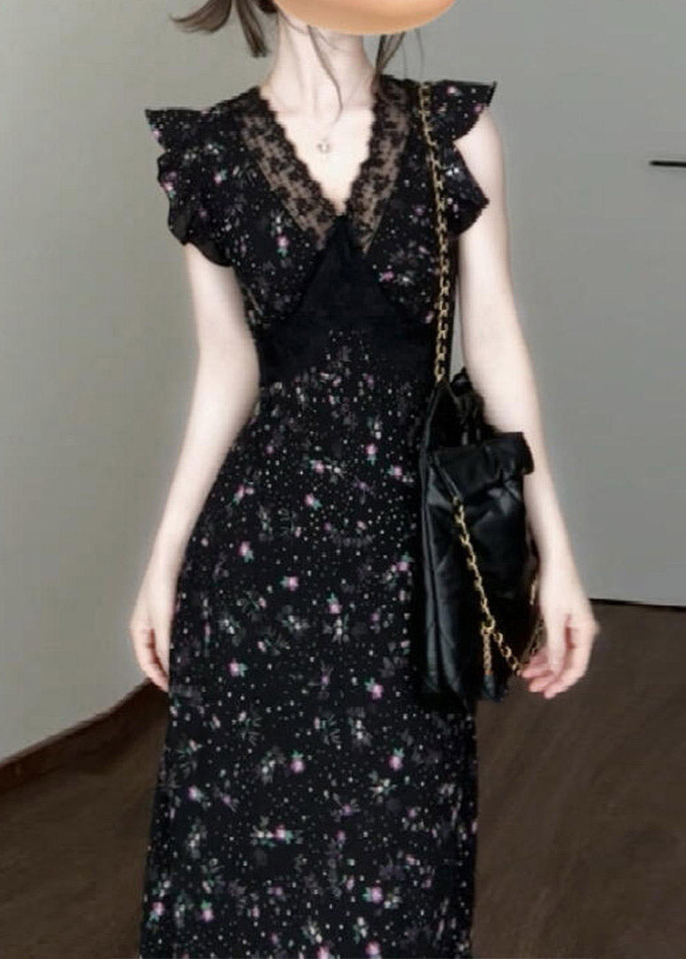 Floral Polka Dot Lace Trim V-Neck Flutter Sleeve Waist Midi Dress