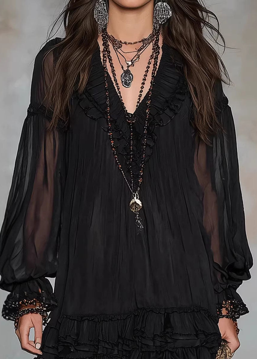 Classy Black V Neck Ruffled Patchwork Chiffon Dresses Fall - View 4