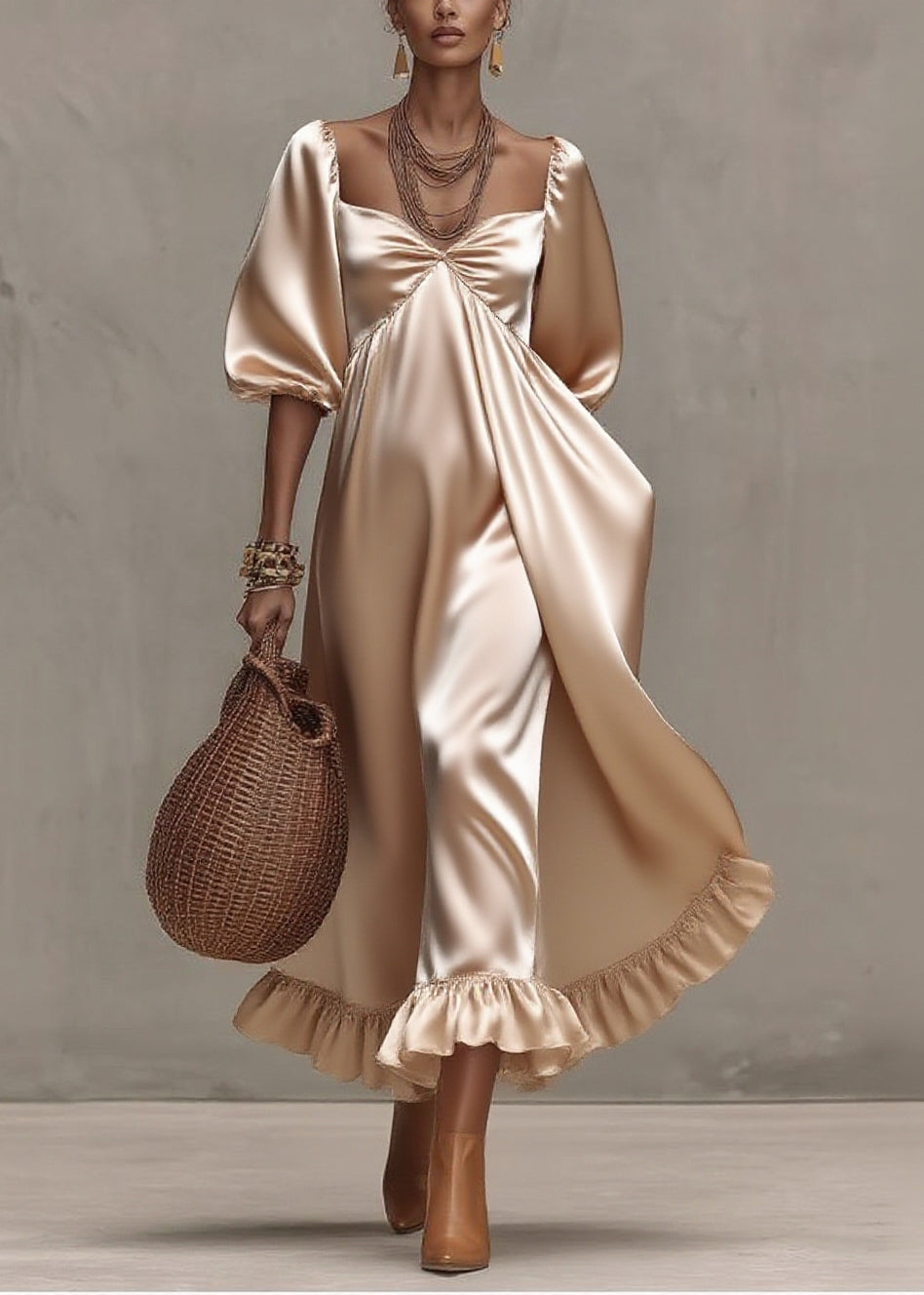 Satin Deep V-Neck Puff Sleeve Empire Waist Draped Midi Dress - View 5