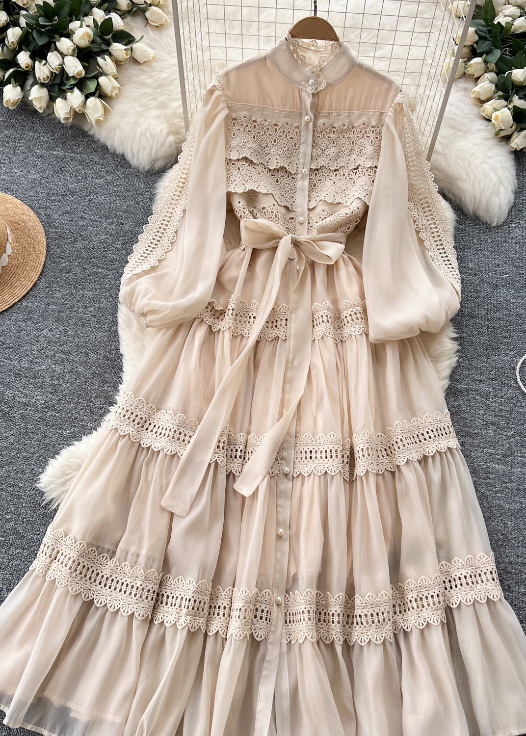 Chiffon Mock Neck Button Down Puff Sleeve Lace Tiered Maxi Dress - View 4