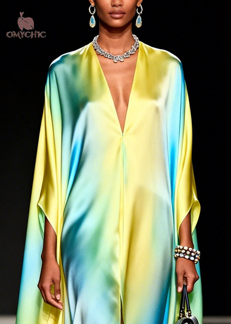 Deep V-Neck Satin Cape Sleeve High Split Kaftan Maxi Dress - View 3