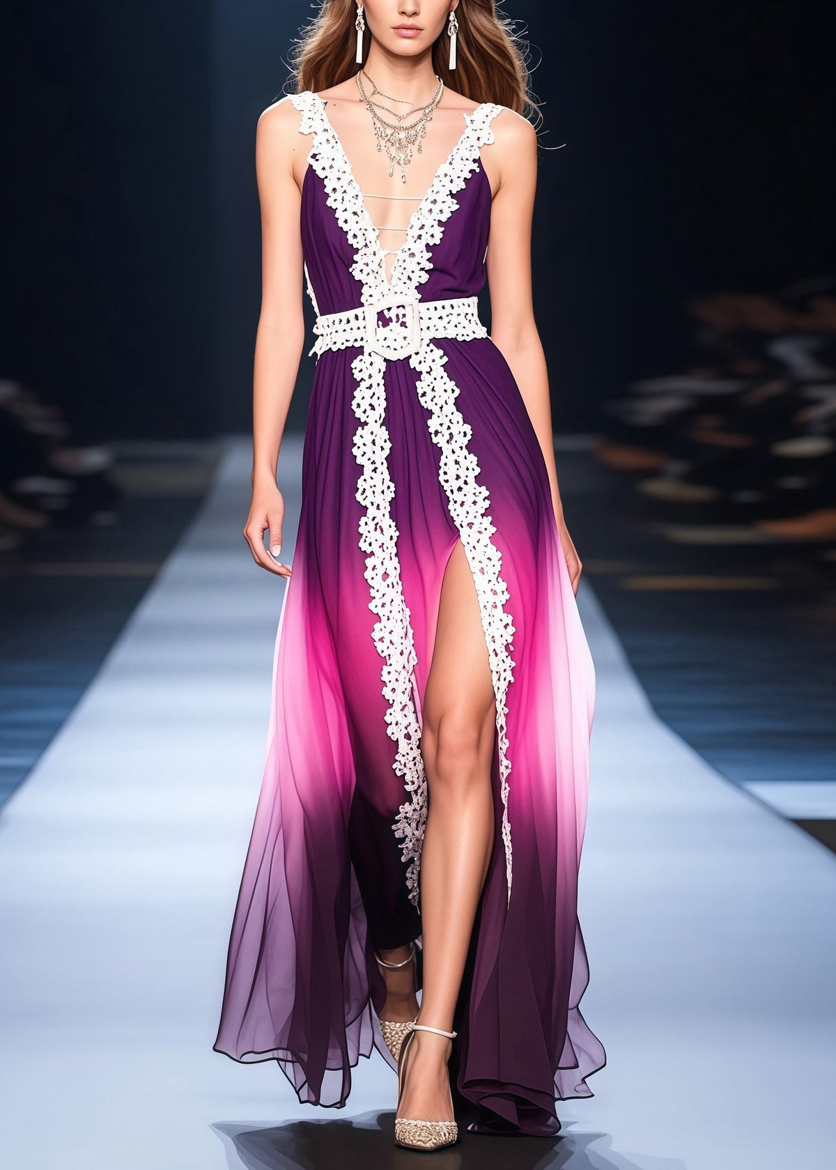 Spaghetti Strap Deep V-Neck Chiffon Lace Trim Pleated Maxi Gown - View 3
