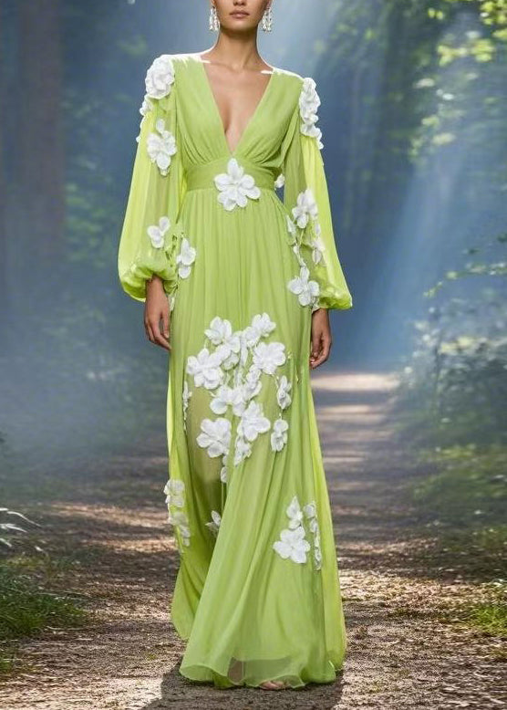 Classy Green V Neck Floral Decorated Chiffon Maxi Dress Spring - View 3