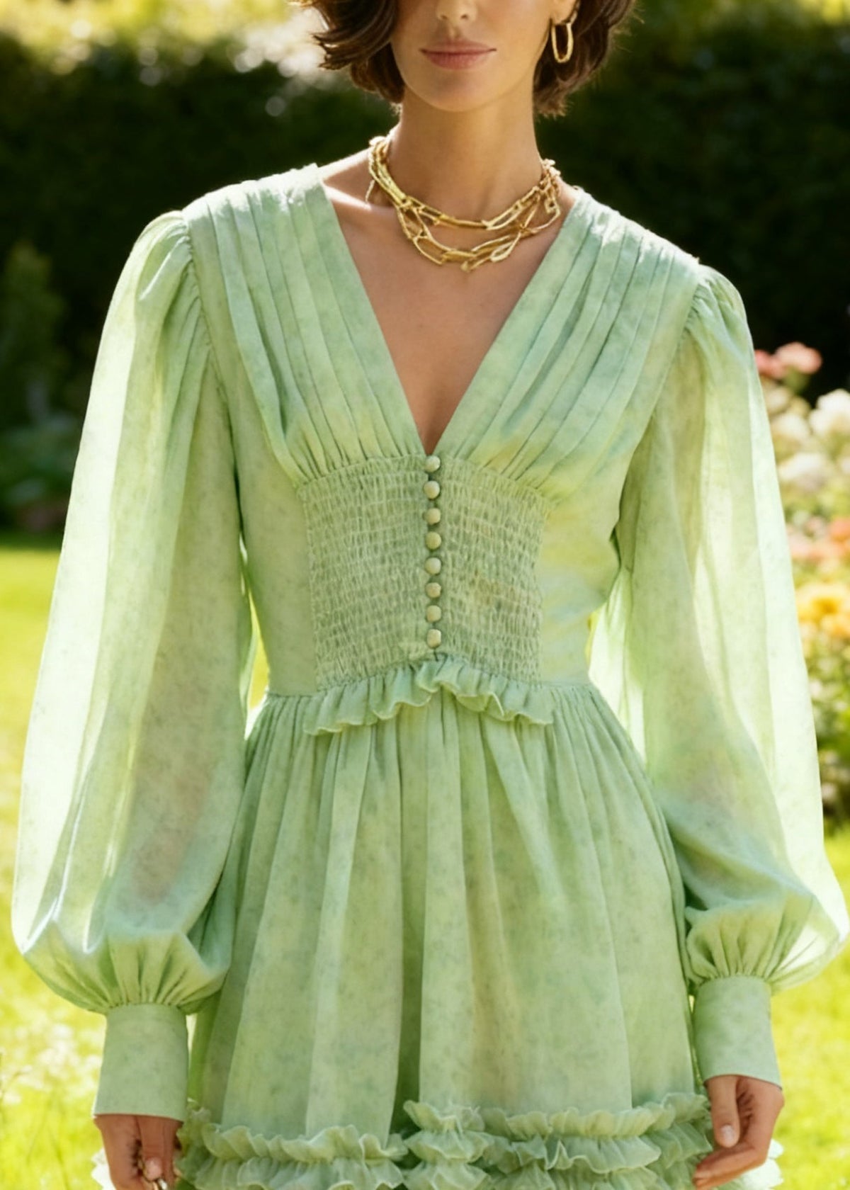 Classy Green V Neck Ruffled Chiffon Mid Dress Spring - View 2
