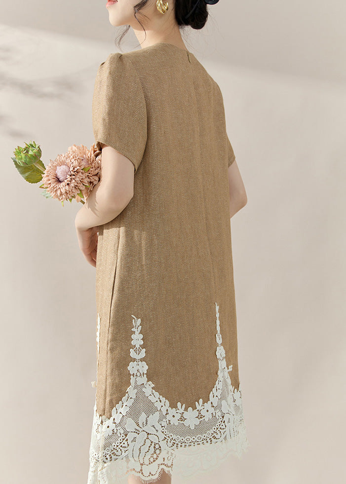 Linen Look Crew Neck Short Puff Sleeve Scalloped Lace Hem Mini Dress - View 5