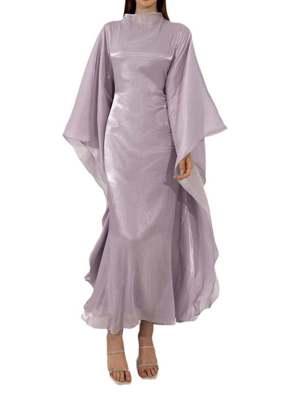 Metallic Organza Cape Sleeve Mock Neck Maxi Gown - View 5
