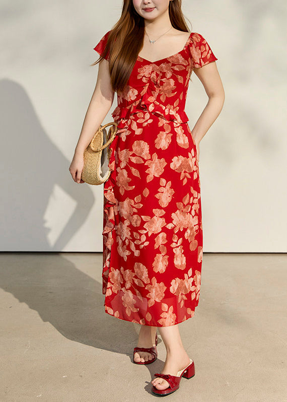 Floral Sweetheart Short Sleeve Ruffle A-Line Midi Summer Dress - View 4