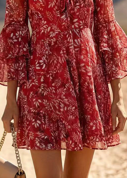 Floral V-Neck Bell Sleeve Tie Front Chiffon Mini Dress - View 4