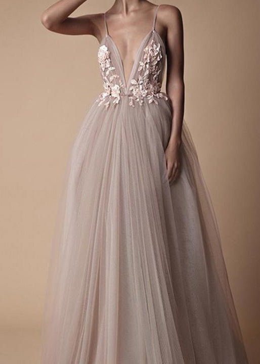 Classy V Neck Floral Tulle Spaghetti Strap Dress Summer - View 4