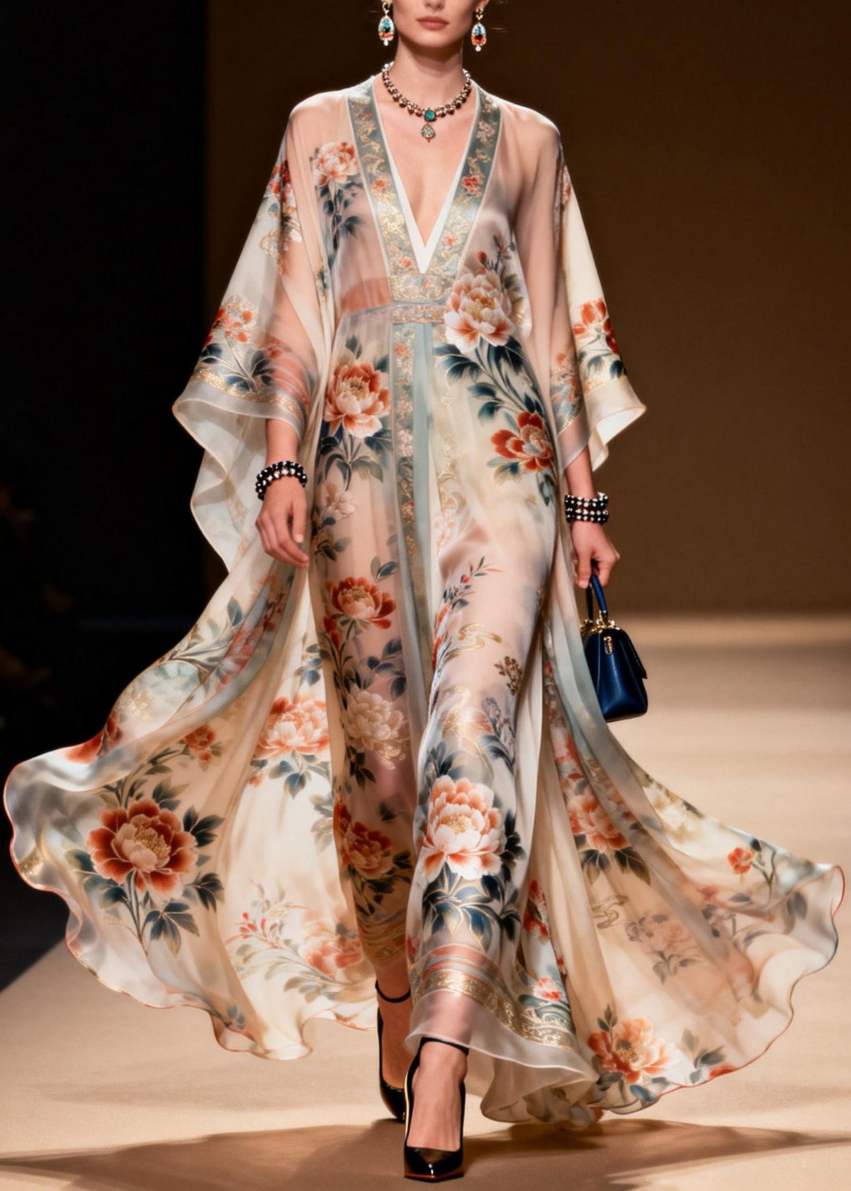 Floral Print Lace Trim Deep V-Neck Cape Sleeve Kaftan Maxi Gown - View 3