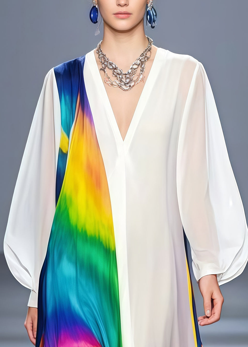 Tie Dye Deep V-Neck Puff Sleeve Chiffon High Split Maxi Dress - View 2