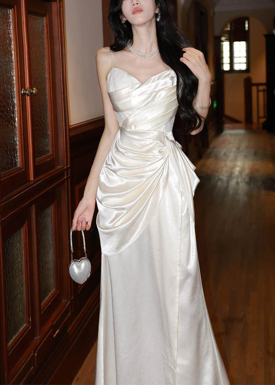 Classy White Cinched Satin Maxi Spaghetti Strap Dress Summer - View 2