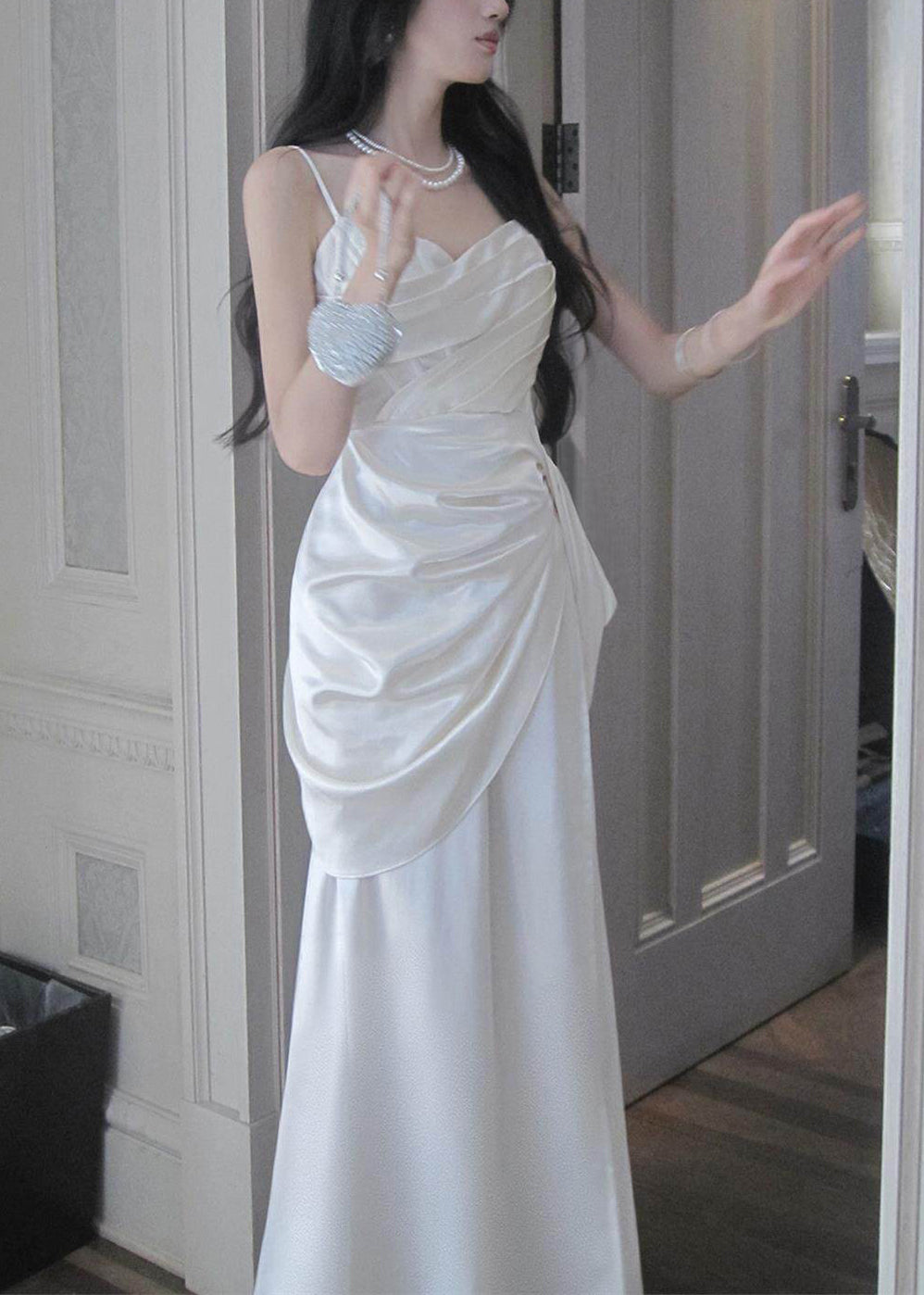 Classy White Cinched Satin Maxi Spaghetti Strap Dress Summer - View 4