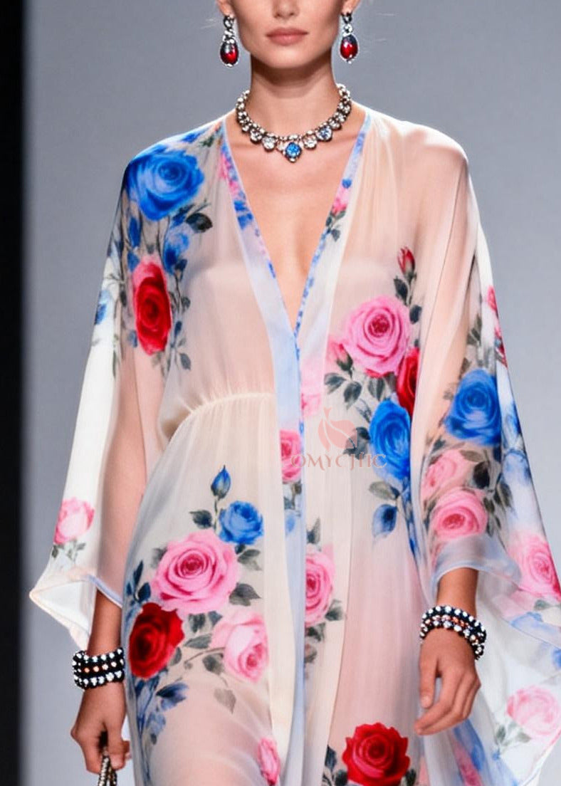Floral Print Deep V-Neck Empire Waist Sleeve Sheer Maxi Gown - View 2