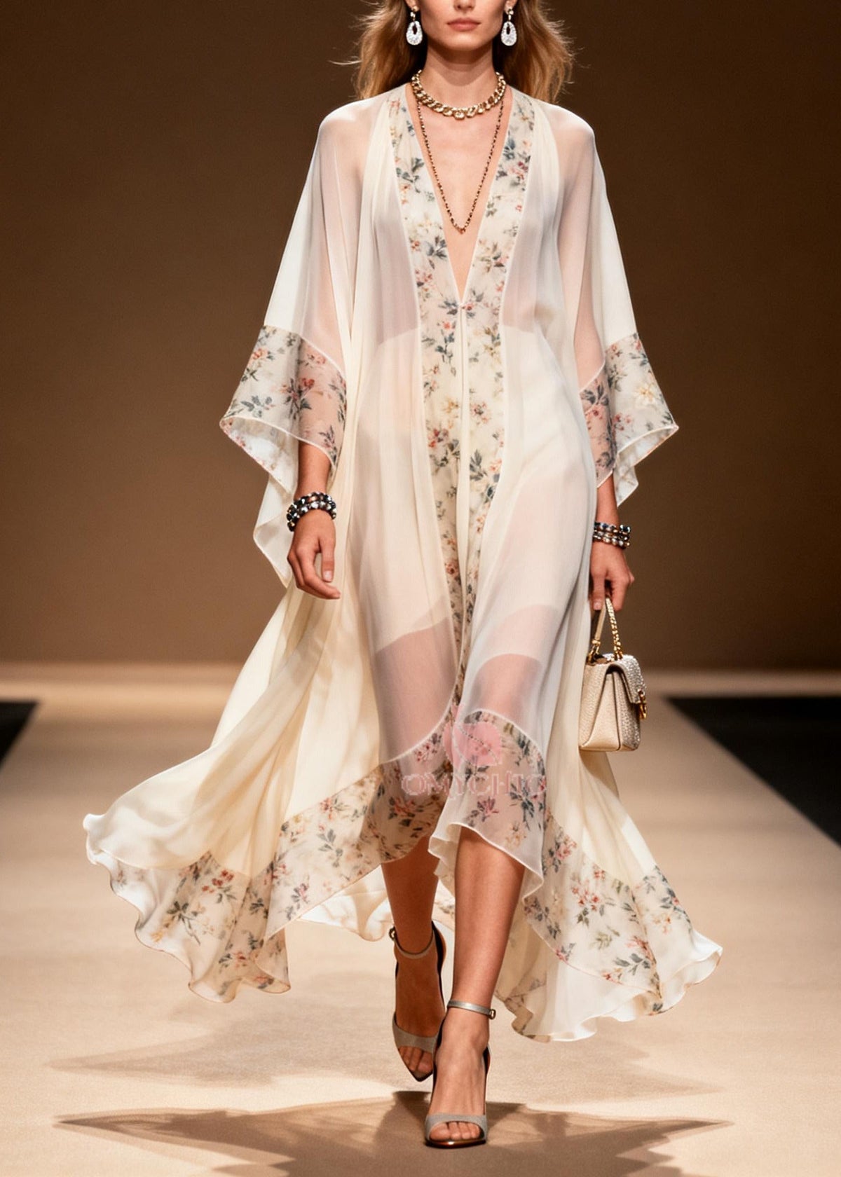 Deep V-Neck Kimono Sleeve Floral Trim Chiffon Midi Dress - View 5