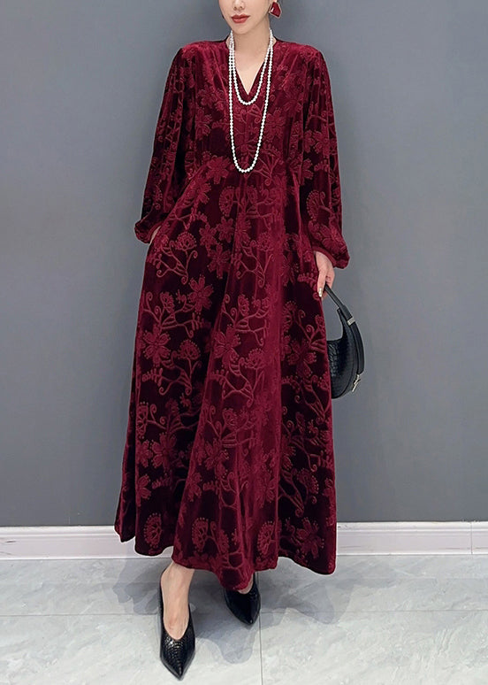 Velvet Embossed Floral Deep V-Neck Balloon Sleeve Pocket Maxi Dress