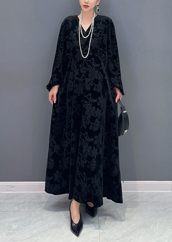 Velvet Embossed Floral Deep V-Neck Balloon Sleeve Pocket Maxi Dress - View 2