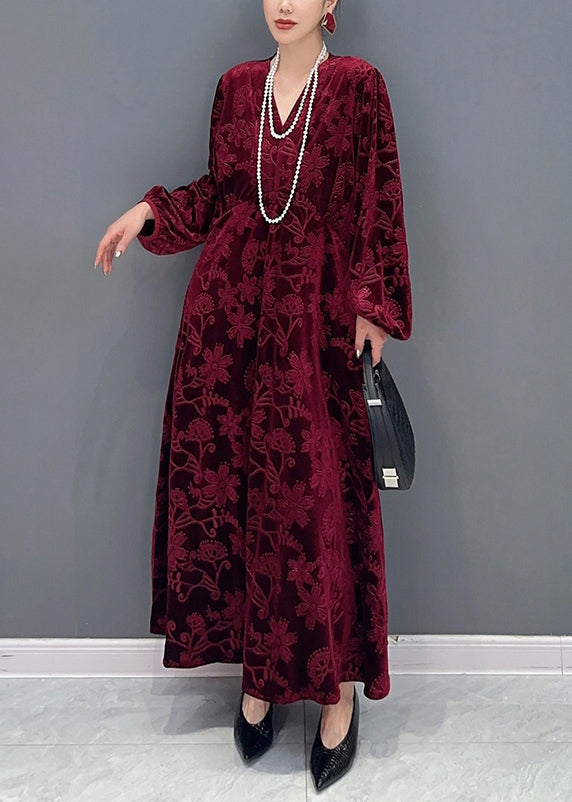 Velvet Embossed Floral Deep V-Neck Balloon Sleeve Pocket Maxi Dress - View 4