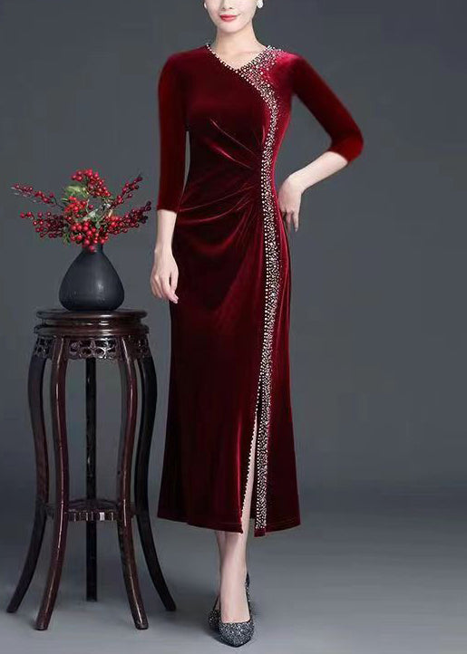 Velvet V-Neck Three Quarter Sleeve Rhinestone Trim Maxi Gown - View 3