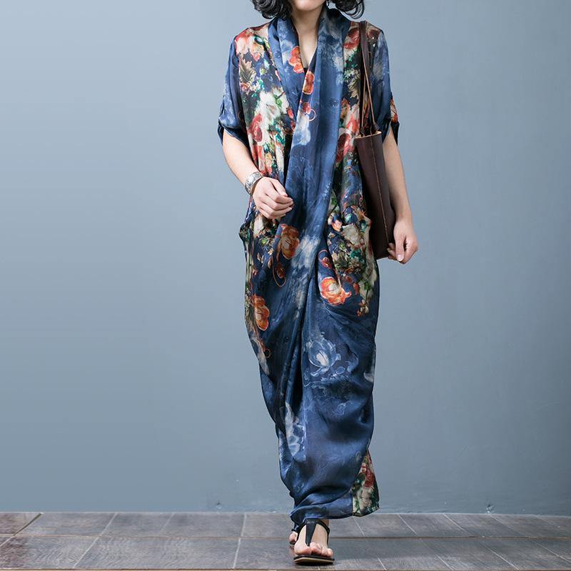 Floral Print Wrap V-Neck Patch Pocket Oversized Maxi Dress - View 2