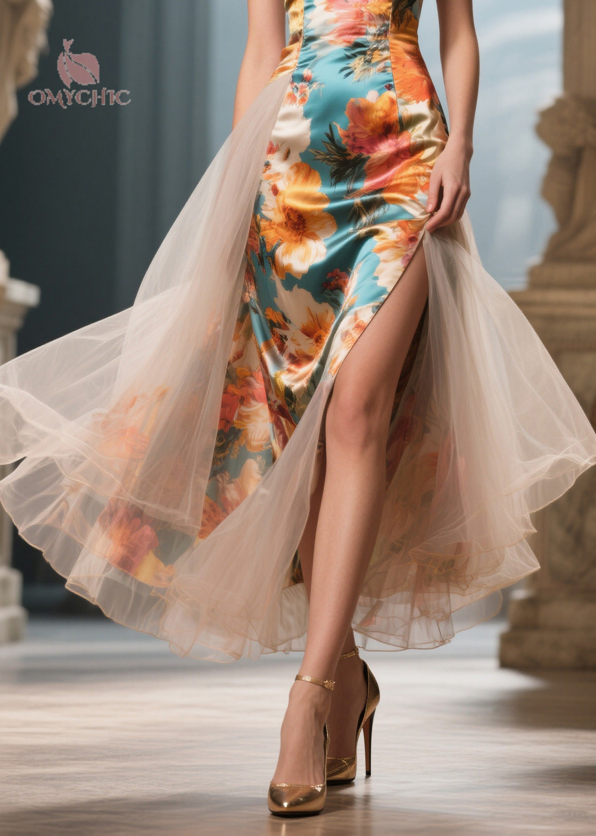Floral Print One Shoulder Tulle Overlay High Split Midi Dress - View 4