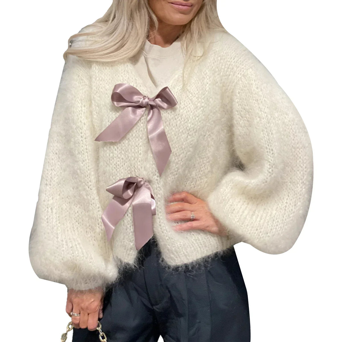 Satin Bow Tied V-Neck Cardigan White / S Cardigan-241208