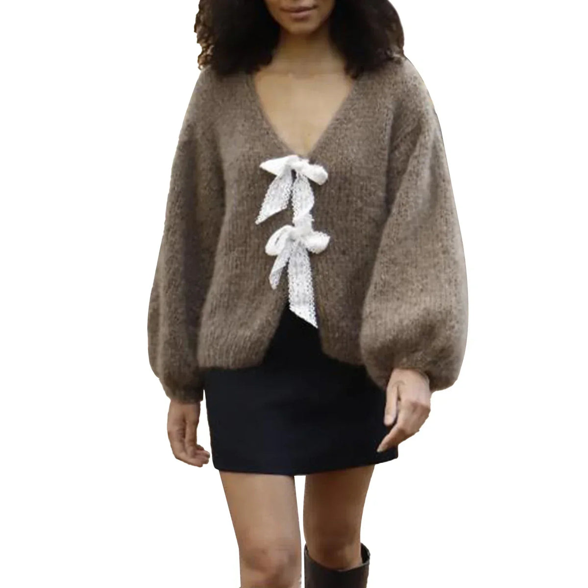 Satin Bow Tied V-Neck Cardigan Khaki / S Cardigan-241208