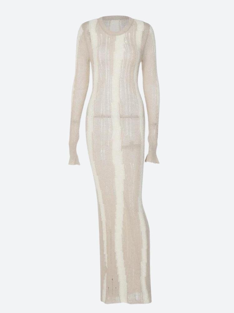 Long Sleeve Crew Neck Openwork Mixed Texture Knit Bodycon Maxi Dress - View 5
