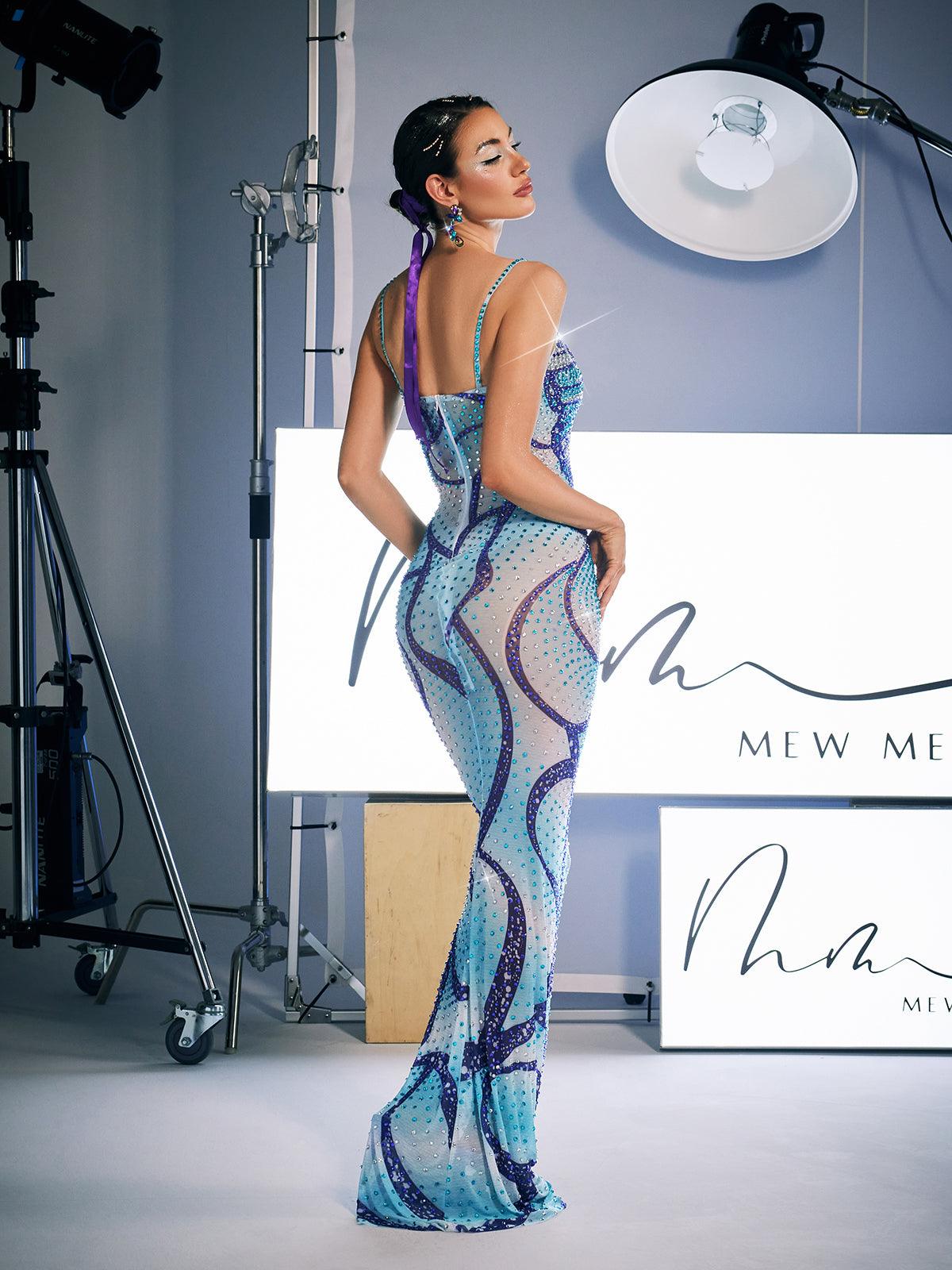 Crystal Embellished Spaghetti Strap Sweetheart Mermaid Maxi Gown - View 6