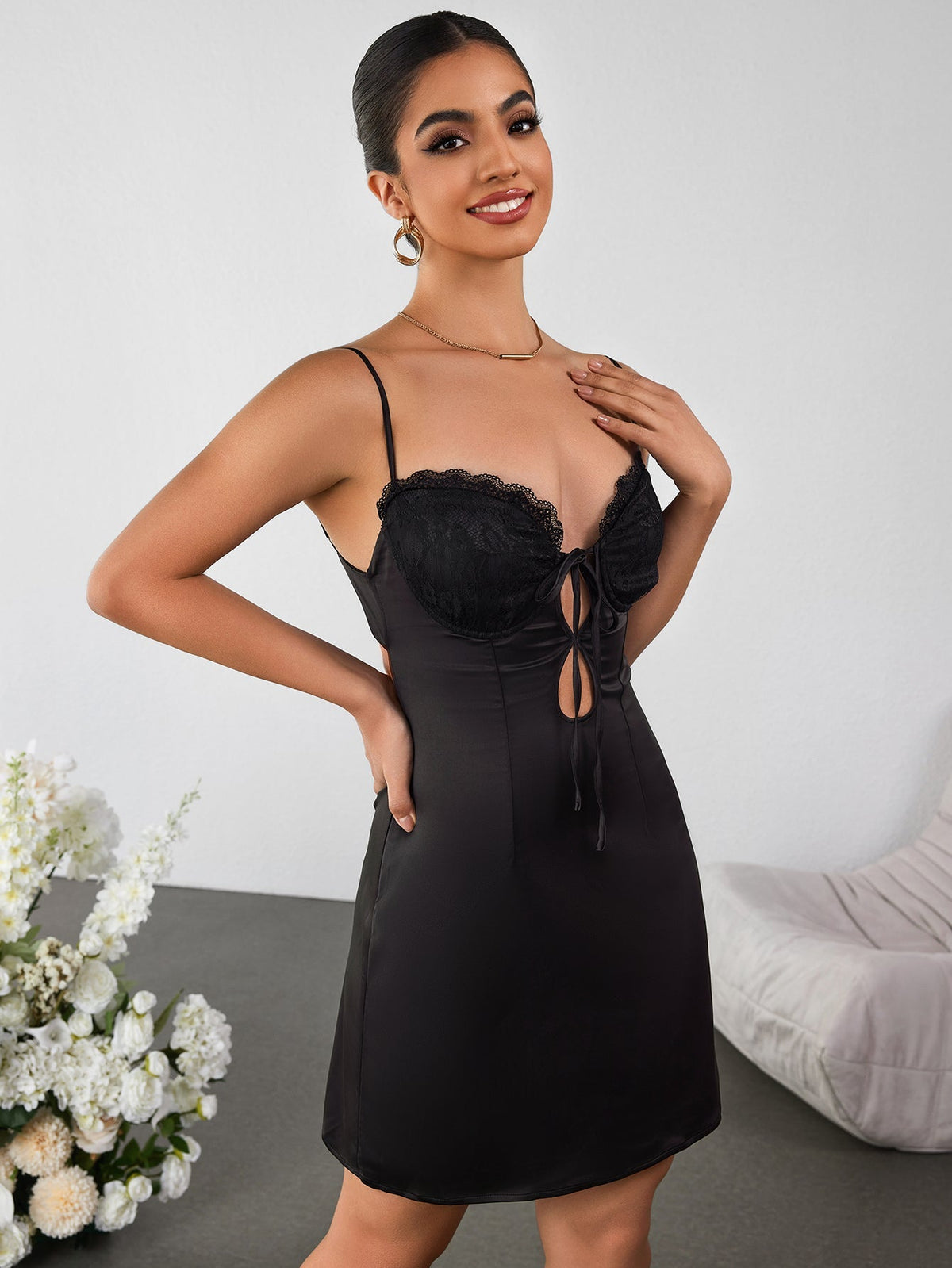 Cut Out Lace Bust Patchwork Satin Cami Dress - View 3