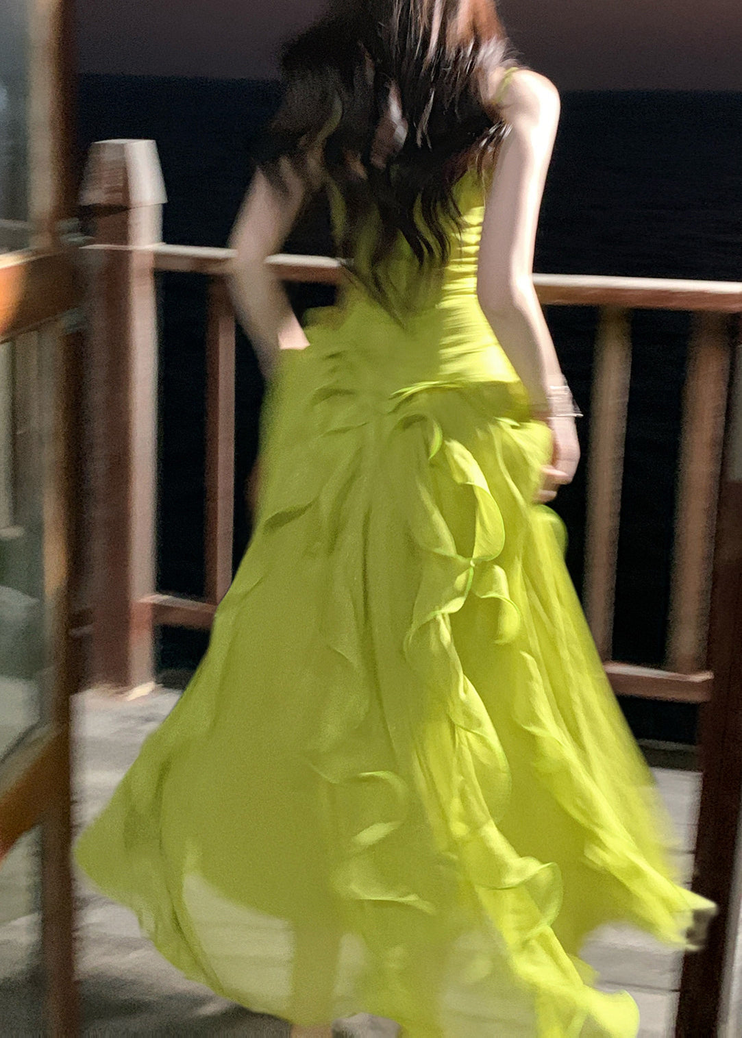 Cute Green Ruffled Patchwork Wrinkled Tulle Long Spaghetti Strap Dresses Sleeveless - View 5