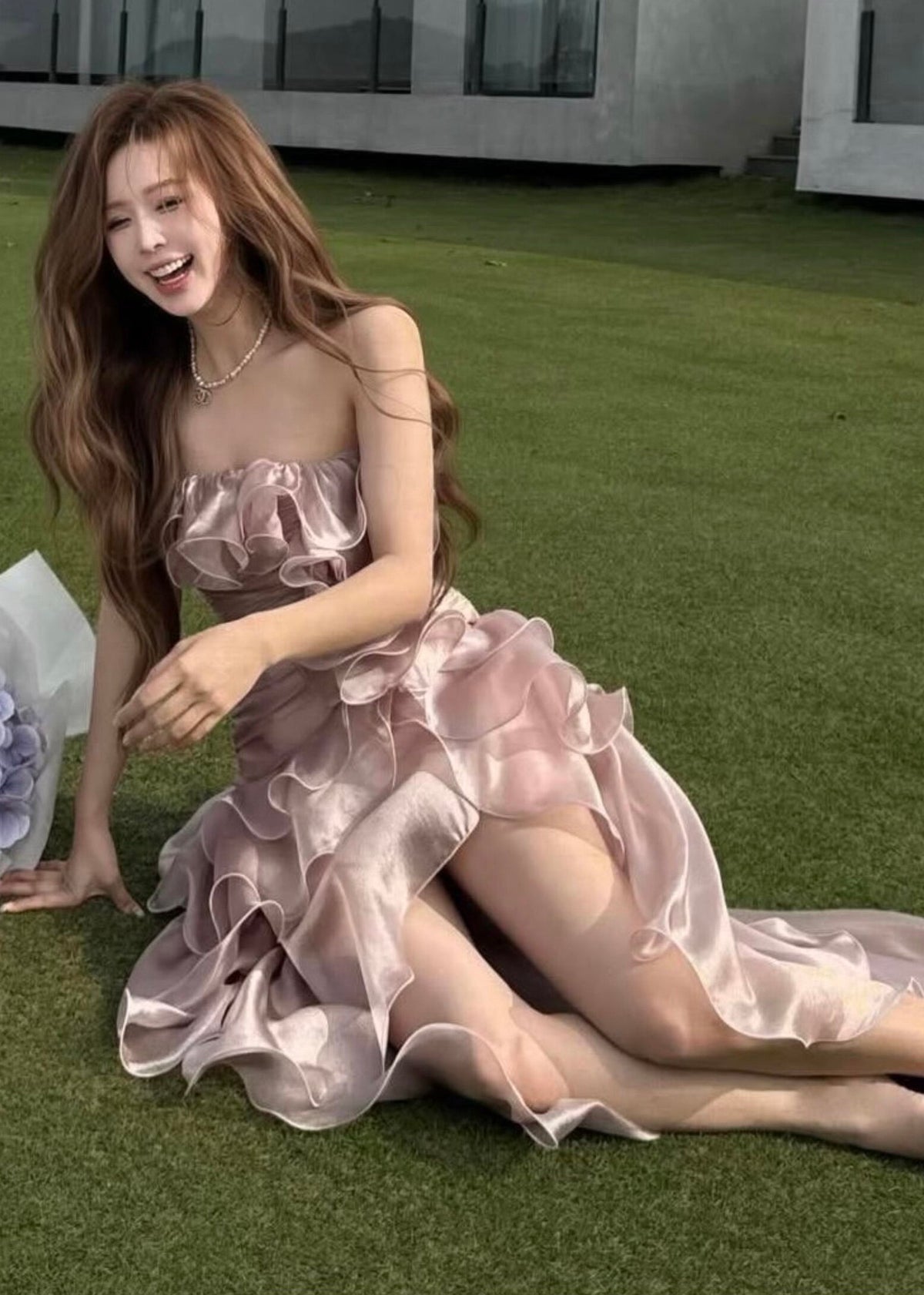 Cute Pink Asymmetrical Ruffled Patchwork Satin Long Dresses Sleeveless - View 3