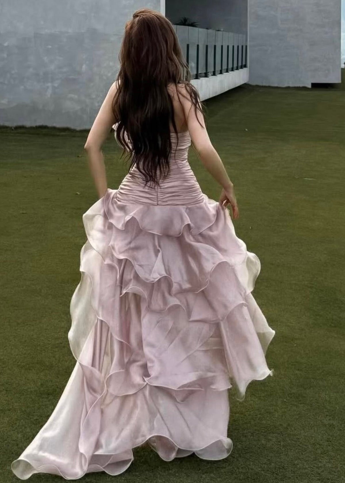 Cute Pink Asymmetrical Ruffled Patchwork Satin Long Dresses Sleeveless - View 5