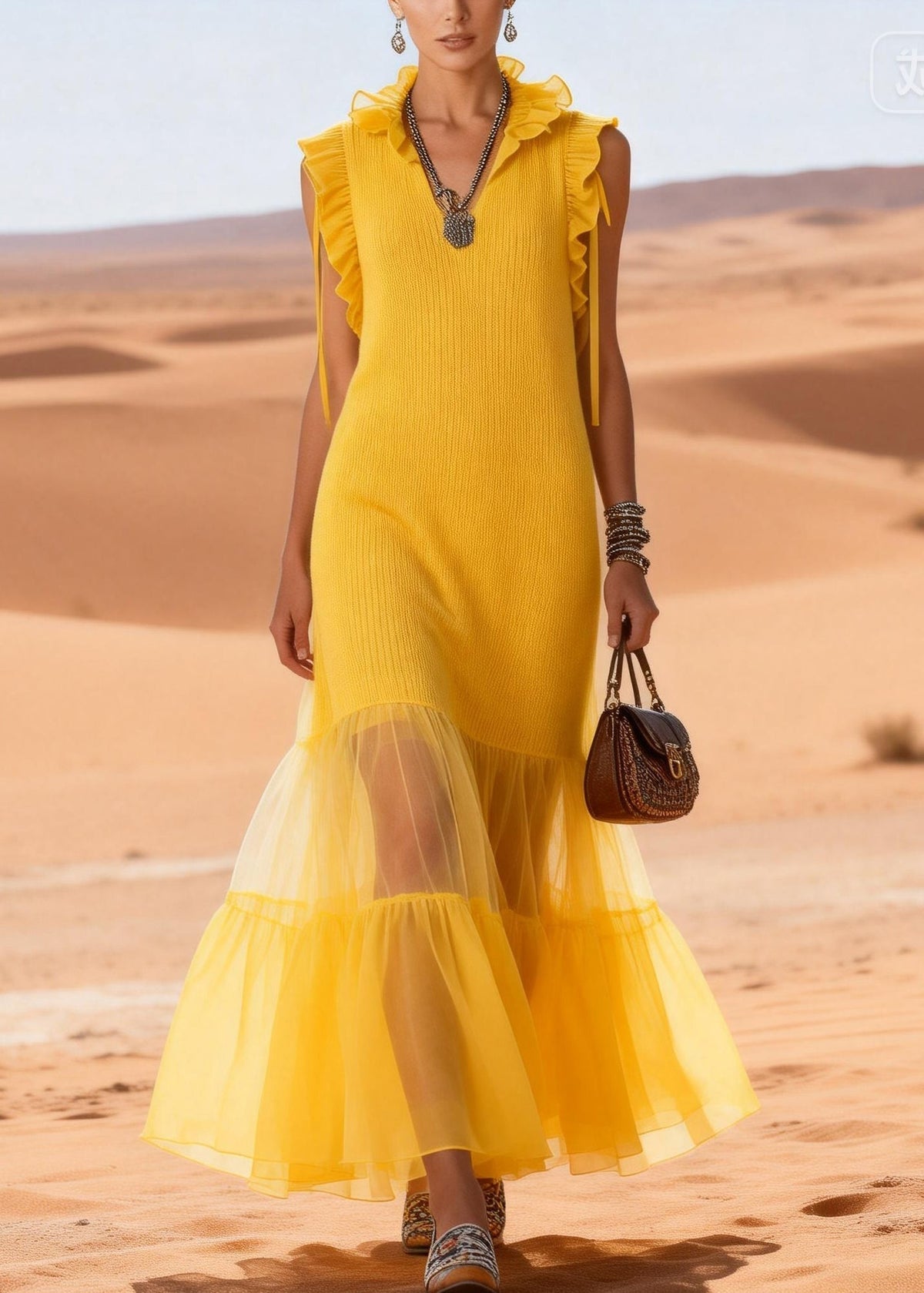Cute Yellow V Neck Ruffled Tulle Patchwork Cotton Knit Long Dress - View 3