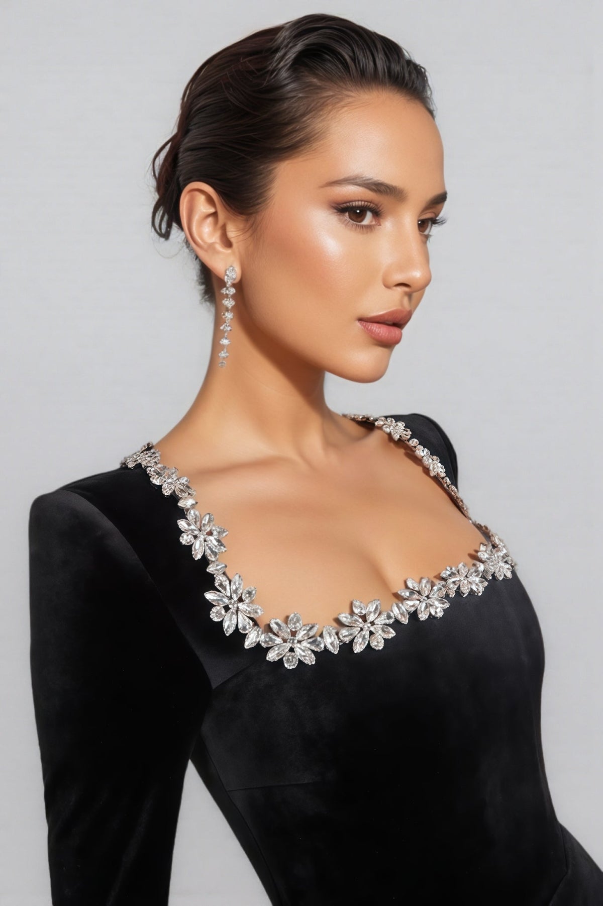 Velvet Square Neck Rhinestone Embellished A-Line Mini Dress - View 5