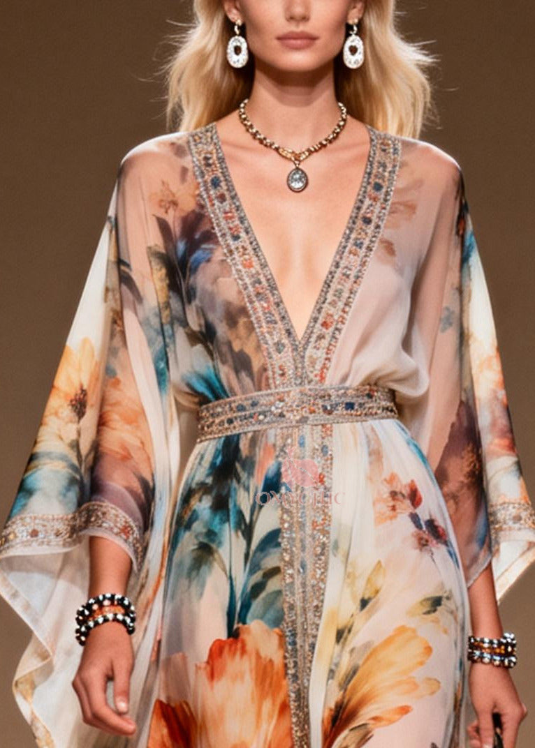 Floral Print Rhinestone Trim Deep V-Neck Belted Sleeve Maxi Gown - View 2