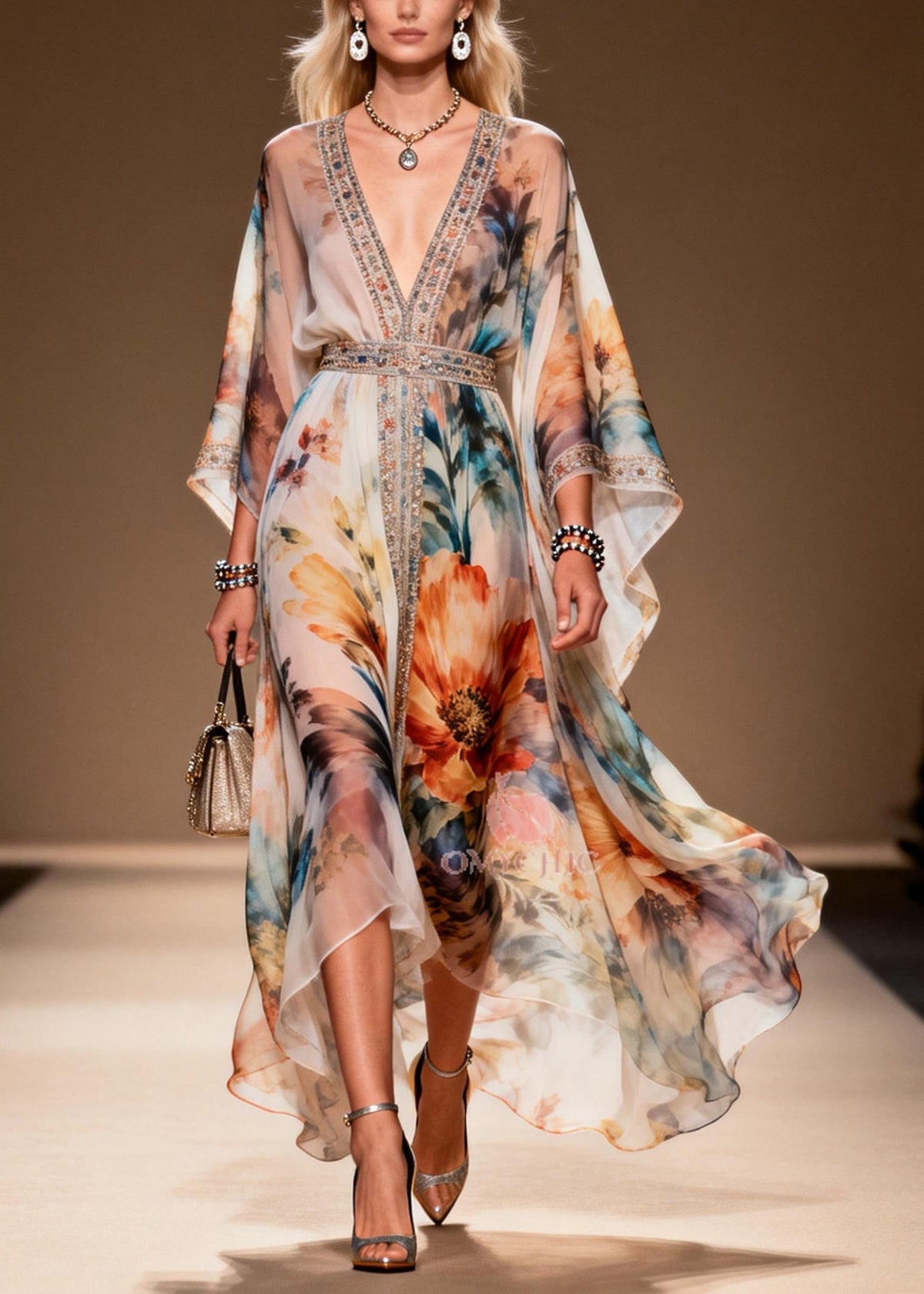 Floral Print Rhinestone Trim Deep V-Neck Belted Sleeve Maxi Gown - View 3